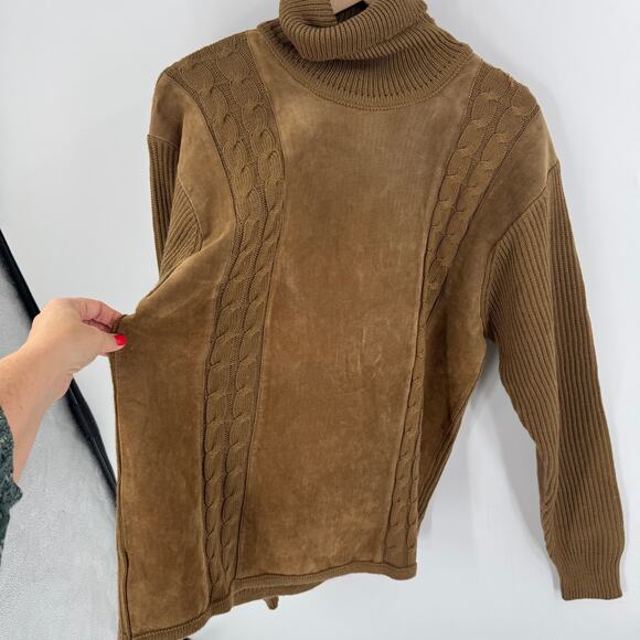 Lorenzino Brown Knit Turtleneck Sweater Suede Leather Trim Cable Knit Size Large - Picture 5 of 8